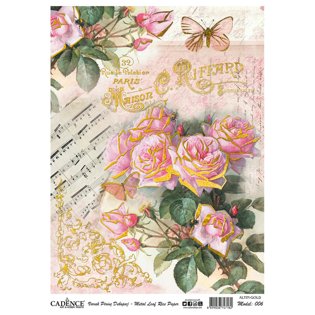 Cadence Rice Decoupage Paper - Metal Leaf Gold - Dreaming Of Roses