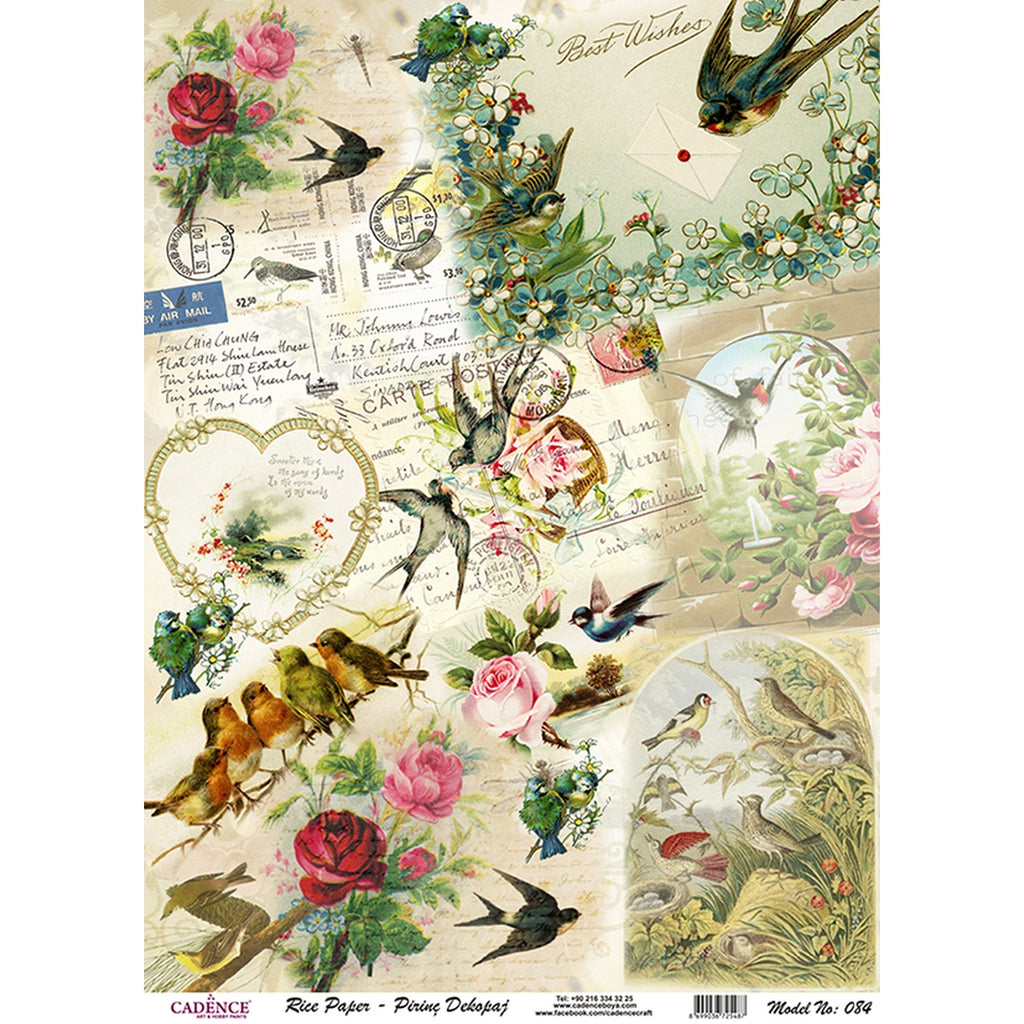 Cadence Rice Decoupage Paper - Floral And Bird Melody