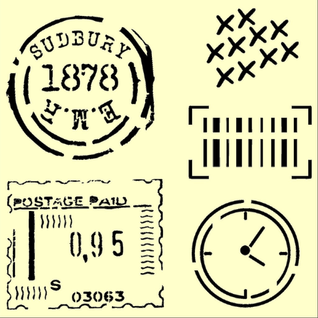 Personal Impressions Mylar Stencil - 6x6" - Postage Mark , Stamp, Clock