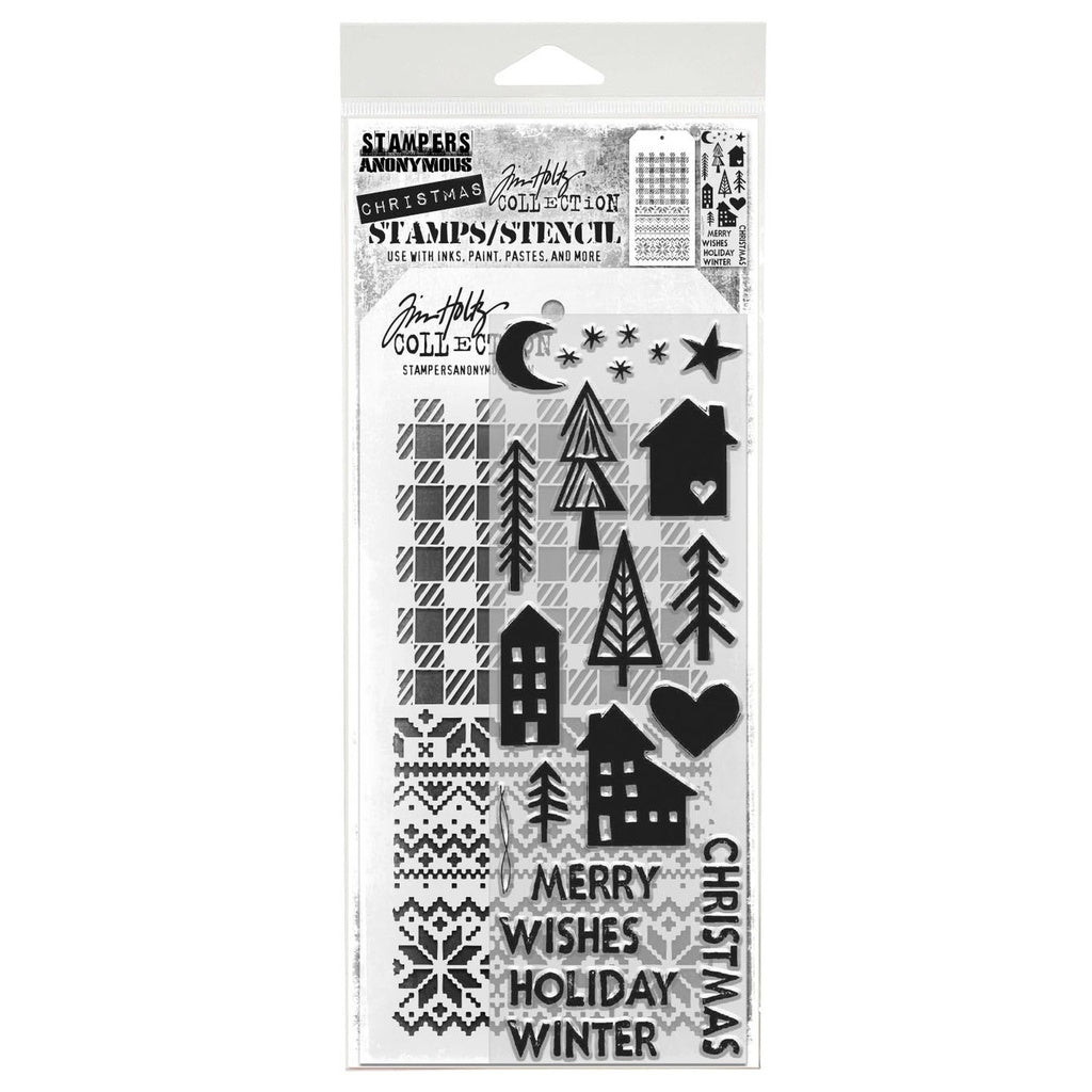 Tim Holtz Mixed-Media Stamps & Stencil Set: MIXED MEDIA - FESTIVE PRINT