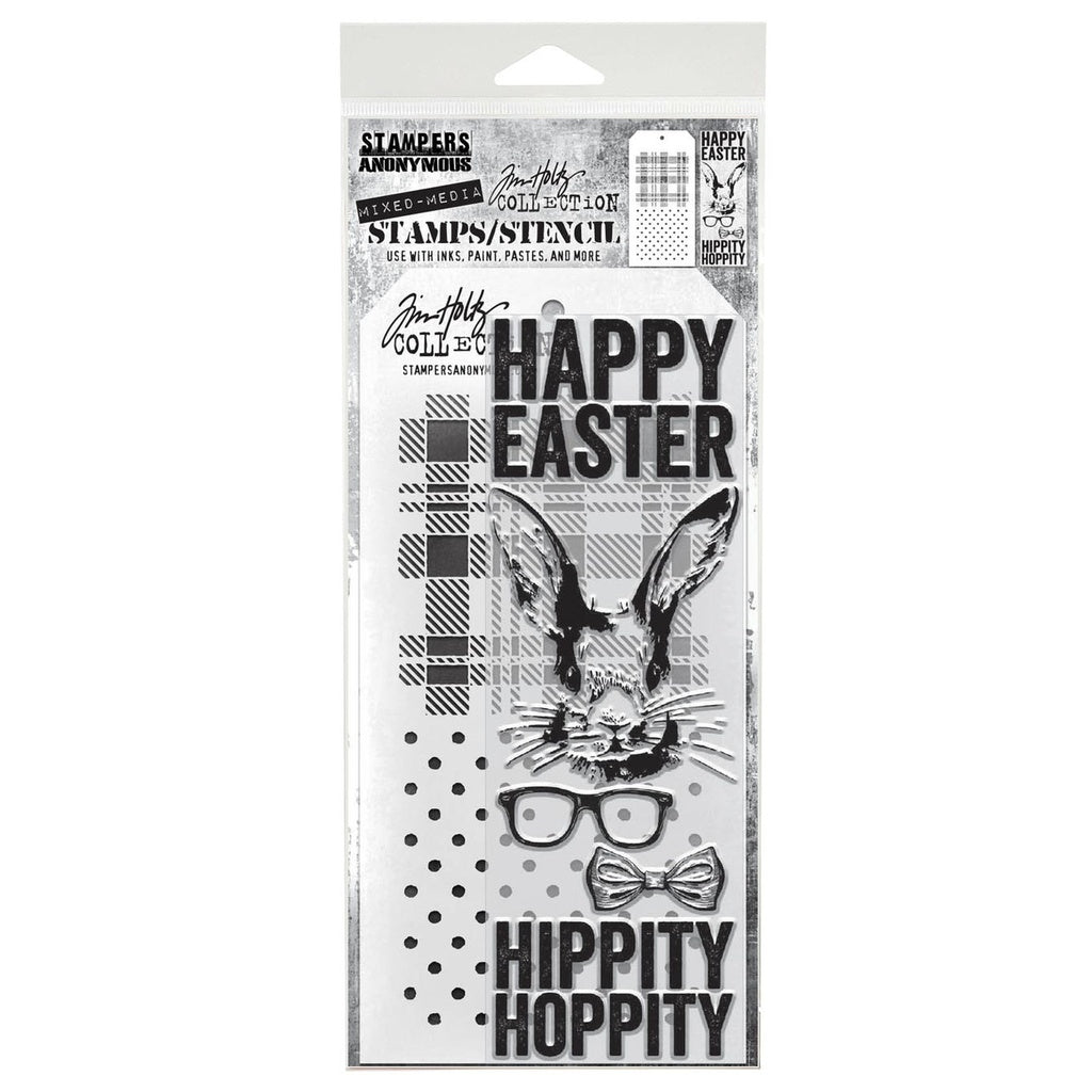 Tim Holtz Mixed-Media Stamps & Stencil Set - Hipster Bunny