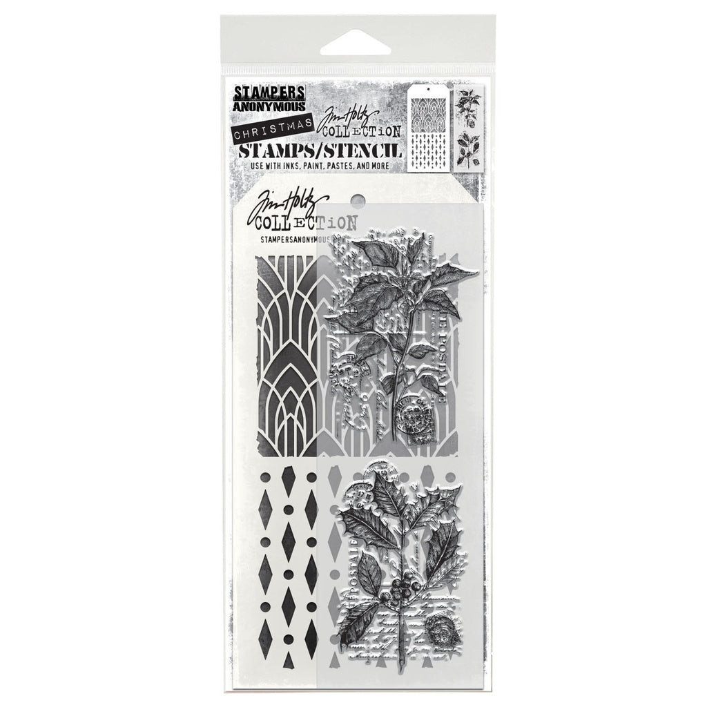 Tim Holtz Mixed-Media Stamps & Stencil Set: MIXED MEDIA - FESTIVE COLLAGE