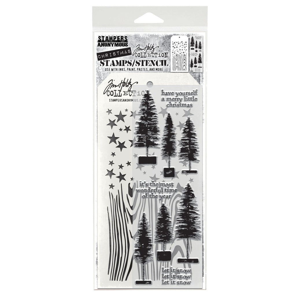 Tim Holtz Mixed-Media Stamps & Stencil Set: MIXED MEDIA - BOTTLEBRUSH TREES