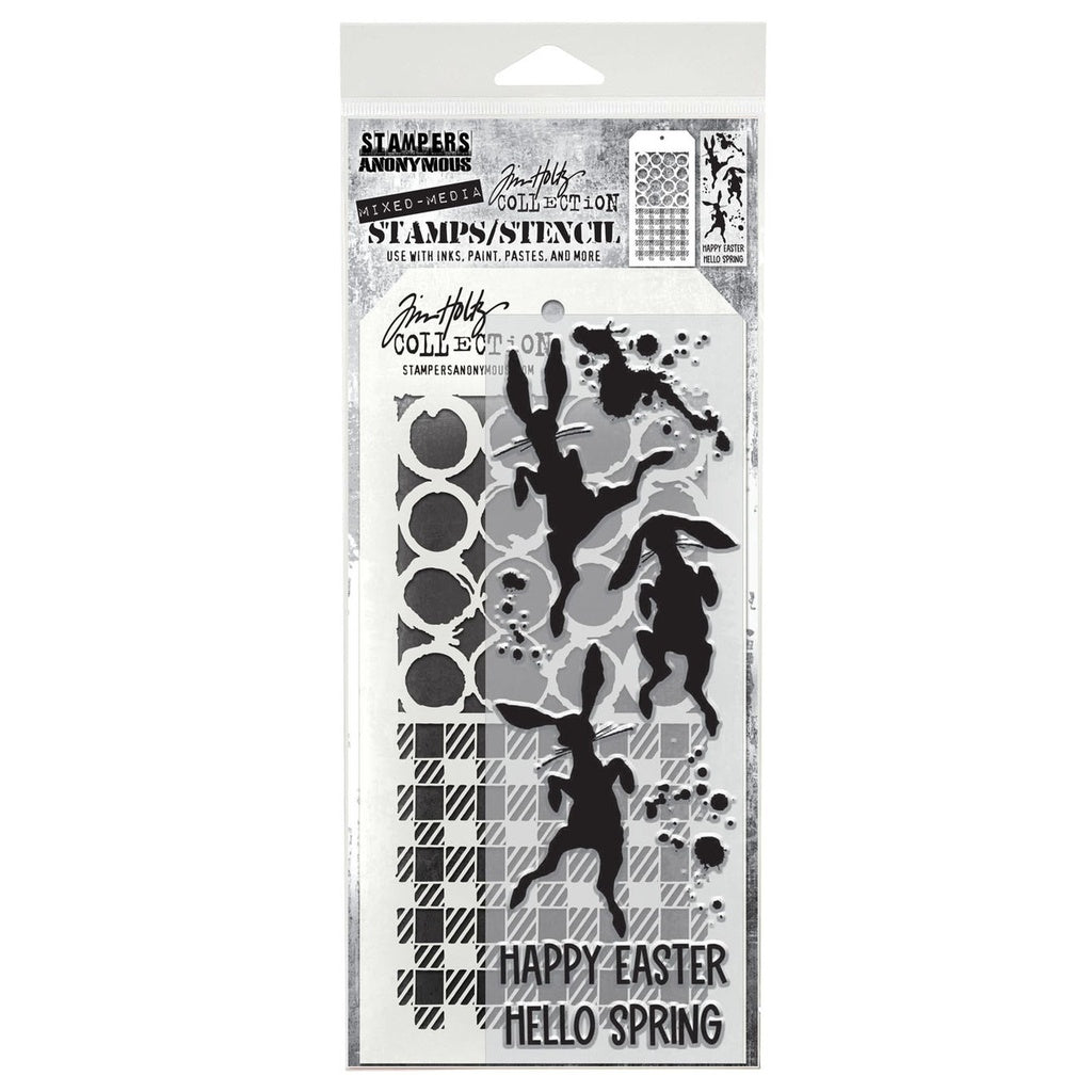 Tim Holtz Mixed-Media Stamps & Stencil Set: MIXED MEDIA - BUNNY HOP